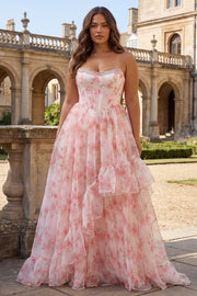 Corset de bal long grande taille à perles à perles rose rose et à volants