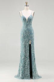 Robe de bal longue de bal en application dorsal nue à perles de sirène gris-vert avec fente