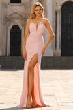 Robe de bal longue de bal à dos nu en sirène florale perlée rose avec fente