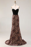 Rouge de bal longue robe de bal en dentelle de sirènes léopard brune avec nœud