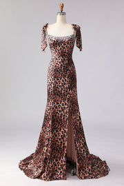 Robe longue de bal imprimée à rafale de sirène léopard brune avec bretelles
