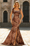 Robe de bal longue à bretelles imprimées marron léopard marron sirène avec fente