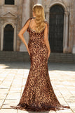 Robe de bal longue à bretelles imprimées marron léopard marron sirène avec fente