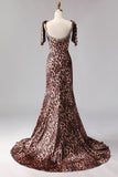 Robe longue de bal imprimée à rafale de sirène léopard brune avec bretelles