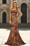 Robe de bal longue à bretelles imprimées marron léopard marron sirène avec fente