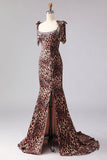 Robe longue de bal imprimée à rafale de sirène léopard brune avec bretelles