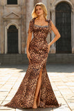Robe de bal longue à bretelles imprimées marron léopard marron sirène avec fente