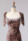 Robe longue de bal imprimée à rafale de sirène léopard brune avec bretelles