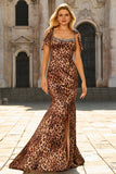 Robe de bal longue à bretelles imprimées marron léopard marron sirène avec fente
