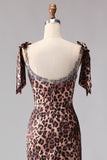 Robe longue de bal imprimée à rafale de sirène léopard brune avec bretelles
