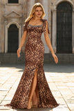 Robe de bal longue à bretelles imprimées marron léopard marron sirène avec fente