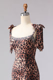 Robe longue de bal imprimée à rafale de sirène léopard brune avec bretelles