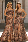 Robe de bal longue à bretelles imprimées marron léopard marron sirène avec fente