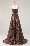 Corset de bal A-Line marron léopard sans bustiers avec une longue robe de bal avec fente