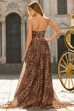Corset A-Line Bustless Brown Léopard Long robe de bal avec fente