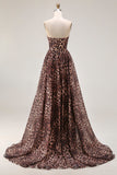 Corset de bal A-Line marron léopard sans bustiers avec une longue robe de bal avec fente