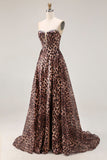 Corset de bal A-Line marron léopard sans bustiers avec une longue robe de bal avec fente