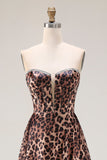 Corset de bal A-Line marron léopard sans bustiers avec une longue robe de bal avec fente