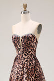 Corset de bal A-Line marron léopard sans bustiers avec une longue robe de bal avec fente