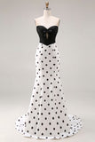 Robe de bal longue corset à pois à pois noirs et blancs en forme de sirène