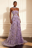 Robe de bal longue trapèze sans bretelles violette avec des fleurs 3D