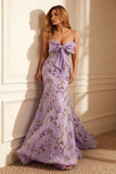 Robe longue de bal sirène florale violette avec noeud