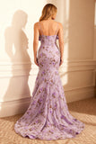 Robe longue de bal sirène florale violette avec noeud