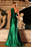 Robe longue de bal de bal en satin vert foncé, perles perlées d’une épaule et fendue