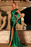 Robe longue de bal de bal en satin vert foncé, perles perlées d’une épaule et fendue