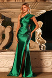 Robe longue de bal de bal en satin vert foncé, perles perlées d’une épaule et fendue