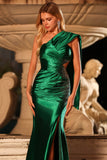 Robe longue de bal de bal en satin vert foncé, perles perlées d’une épaule et fendue
