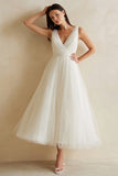 Tulle blanc Robe de mariée midi à col en V