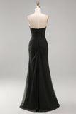 Robe formelle longue en chiffon noir à ongles sans bretelles