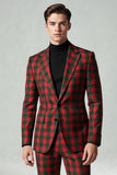 Rouge Noir Plaid Cranté Revers 2 Pièces Costumes de Bal Hommes