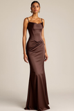 Leely Women Brown Mermaid Satin Corset Maxi Formal Dress Drape Spaghetti Straps Evening Dress