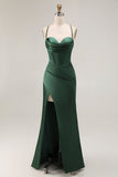 Robe De Soirée corset en satin vert foncé avec fente