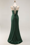 Robe De Soirée corset en satin vert foncé avec fente