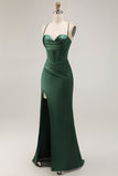 Robe De Soirée corset en satin vert foncé avec fente
