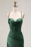 Robe De Soirée corset en satin vert foncé avec fente