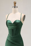 Robe De Soirée corset en satin vert foncé avec fente