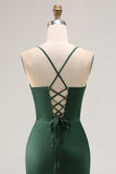 Robe De Soirée corset en satin vert foncé avec fente