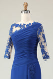 Robe de mère de la mariée froncée appliquée sirène bleu royal avec manches