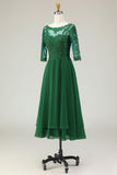 Robe Midi Mère de la Mariée Verte Une Ligne Appliquée Avec Manches