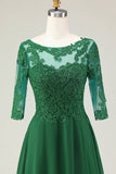 Robe Midi Mère de la Mariée Verte Une Ligne Appliquée Avec Manches