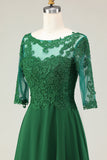Robe Midi Mère de la Mariée Verte Une Ligne Appliquée Avec Manches