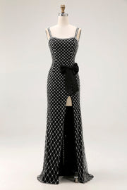 Noir Perlé Sirène Spaghetti Bretelles Strass Côté Arc Longue Robe de Bal Avec Fente