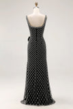Noir Perlé Sirène Spaghetti Bretelles Strass Côté Arc Longue Robe de Bal Avec Fente
