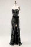 Noir Perlé Sirène Spaghetti Bretelles Strass Côté Arc Longue Robe de Bal Avec Fente