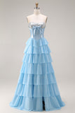 Corset bleu sans buses, robe longue de bal à volants à étages et fente