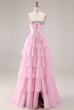 Corset rose à étages à rangées en ligne A, sans bretelles, longue robe de bal avec fente